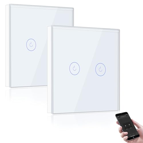 BSEED Interruptor de parede WiFi, interruptor Smart 2 Gang 2 vias com ecrã tátil branco, compatível com Alexa e Google Home, controlo de APP e função de temporizador-2 pacote【Neutro】