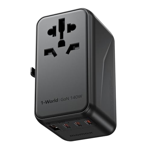 MOMAX Adaptador de tomada universal, 140 W GAN Technology, tomada universa para EU/UK/AUS/US/JP Worldwide, carregamento rápido para iPhone, MacBook Pro, visão Pro, cabo de carregamento incluído
