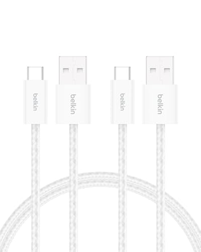 Belkin Pacote de 2 cabos trançados USB-A para USB-C de 1,5 m (15 W), carregamento rápido, cabos de alimentação flexíveis USB tipo C para iPhone 16 e 15, Galaxy S25, Pixel 9, iPad Pro e outros, branco