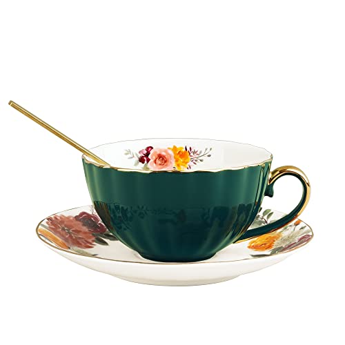 fanquare Conjunto de caneca de chá e prato de 200 ml para 1 pessoa, caneca de chá de cerâmica com borda dourada, caneca de café de porcelana com colher, verde escuro