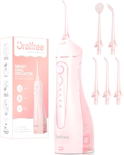Oralfree Irrigador bucal portátil Flosser: Irrigador dental sem fios profissional com modo DIY, 5 bicos e 4 modos, IPX7 impermeável, recarregável para limpeza dentária em casa