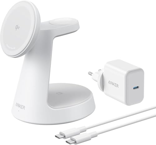 Anker MagGo Carregador sem fios magnético de 15 W (suporte de carregamento), carregador 3 em 1, com certificação Qi2, compatível com MagSafe, para iPhone 16/15, Apple Watch, AirPods Pro e muito mais