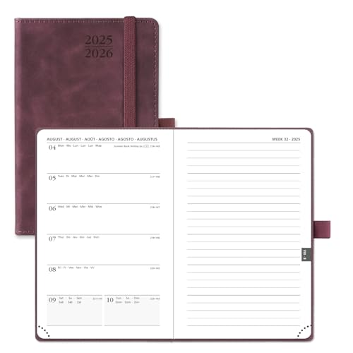 POPRUN Agenda 2025 2026 Bolso pequeno 16 x 10,5 cm, uma página por semanal com uma página de notas de 17 meses de ago.2025 a Dez.2026, 80 GSM papel, borgonha escura