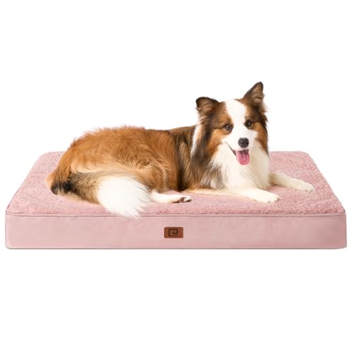 EHEYCIGA Cama cães extra grande ortopédica, 104 x 69 x 9 cm colchão cão com espuma de caixa de ovos, tapete lavável cão, cão cão, cinzento e rosa