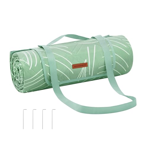 SONGMICS Cobertor de piquenique, 300 x 200 cm, com 4 estacas de chão, manta grande, para camping, parque, jardim, praia, impermeável, lavável na máquina, dobrável, motivo de folhas e verde menta