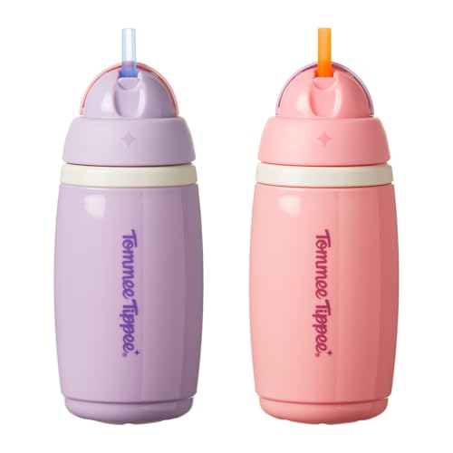 Tommee Tippee Garrafa isotérmica com palha, 266 ml, garrafa de água anti-derrame para bebés a partir dos 12 meses, tampa articulada para manter a palhinha limpa, rosa e roxo, embalagem de 2