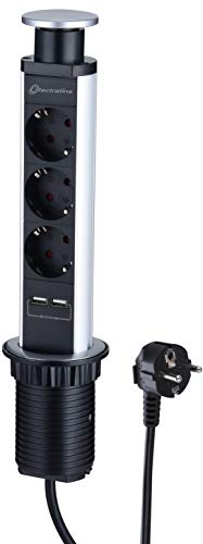 Electraline 62557 Tower Base múltipla para mesa embutida com 3 tomadas schuko 2 USB, cabo 2 M, tomada Schuko, alumínio