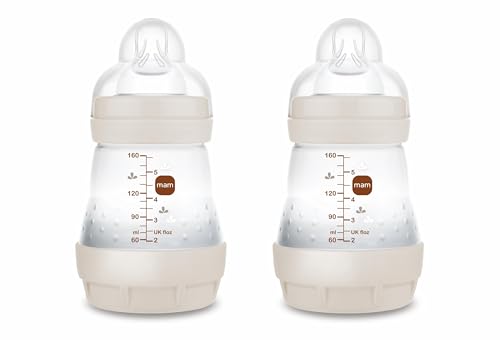 MAM Embalagem de 2 biberões anticólicos, recém-nascido, 0-2 meses e 160 ml, com Tetina 1 fluxo lento de fácil aceitação, auto-esterilizável e fácil de limpar, MAM Easy Start Anti-Colic, neutro mate, 2