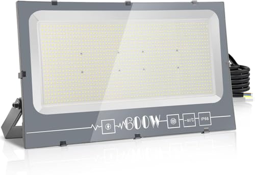 Royana Projetor LED exterior 600 W, 60 000 lúmenes IP66 impermeável, branco frio 6000 K, luz de segurança para jardim, pátio, terraço, estádio, armazém, [Qualidade profissional/iluminação potente]