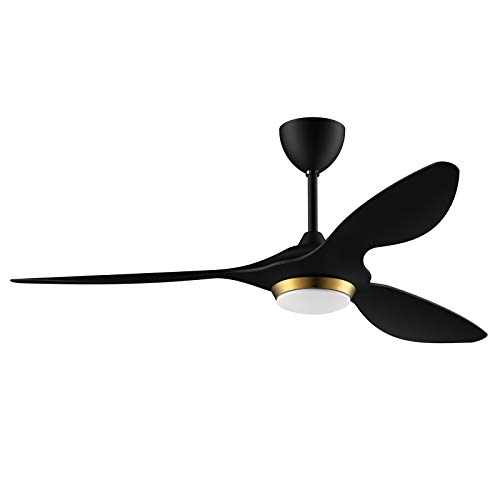 reiga Ventoinha de teto inteligente preta dourada de 132 cm com aplicação de luz LED regulável, controlo remoto, pás modernas, motor CC reversível silencioso, temporizador