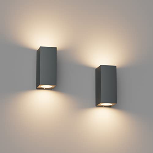 Klighten 2 peças quadrado candeeiro de parede exterior/interior, IP65 impermeável antracite aplique parede exterior, GU10 luz parede de alumínio moderno para jardins corredor terraço, lâmpada não