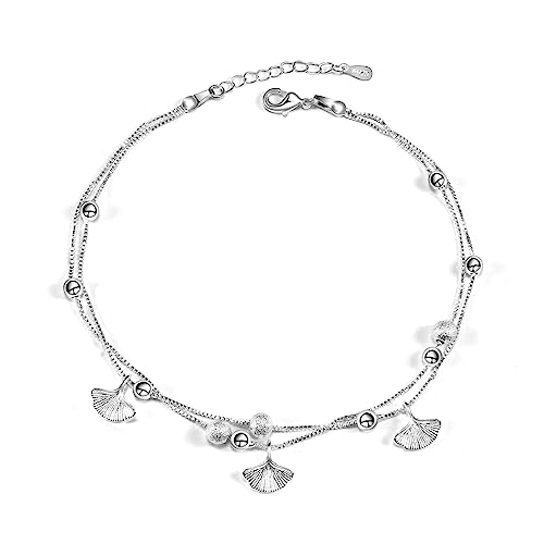 VGWON Tornozeleira de mulher de prata 925 com contas de dupla camada em forma de estrela, design de nicho simples e elegante para mulheres e meninas, Prata