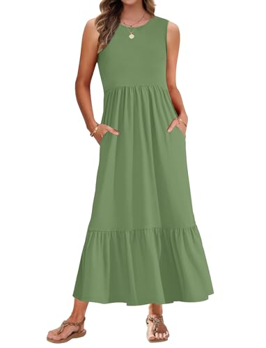 AUSELILY Vestido longo verão mulher decote redondo vestido casual sem mangas vestidos maxi verão praia com bolsos