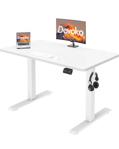 Devoko 100 x 60 cm, mesa regulável em altura, mesa elétrica elétrica elétrica telescópica bidirecional, secretária de escritório e casa, para estúdio em casa com painel montado, branco