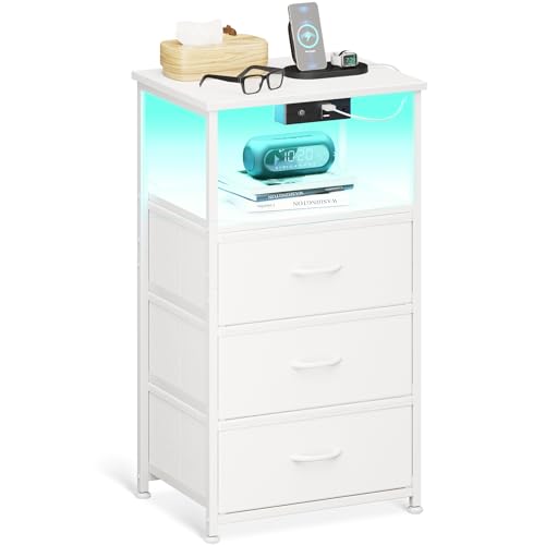 Coleshome Mesinhas de cabeceira brancas, com tomada, 2 portas USB e faixa de luzes LED, mesa de cabeceira com 3 gavetas de tecido e 2 espaço de armazenamento, 40 x 30 x 70 cm, 1 embalagem