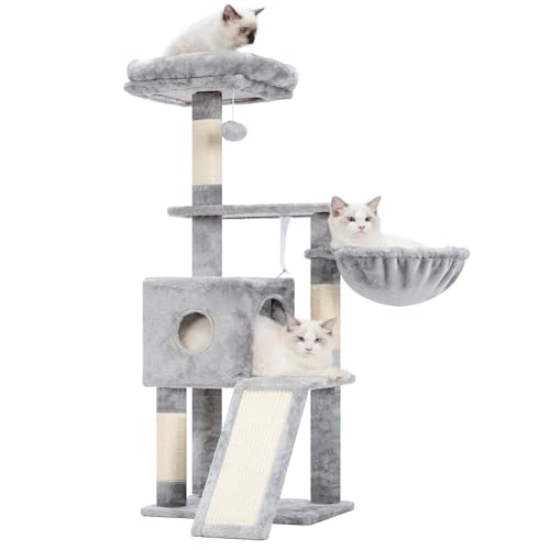Hey-brother Árvore arranhadora para gatos, 108 cm, para interiores, vários andares, com colunas para arranhar, rampa, cestas, orifício espaçoso para gatos e brinquedo com pompom pendente, cinzento
