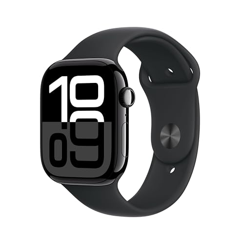 Apple Watch Series 10 GPS Cellular Smartwatch com caixa de alumínio preto brilhante de 46 mm e correia desportiva preta - tamanho S/M. Monitor de treino, App ECG, ecrã Retina sempre ativo