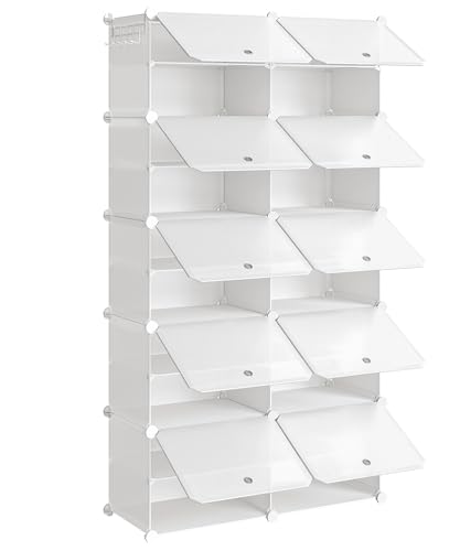 HOOBRO Armário de sapateira, 10 compartimentos, sapatos modulares, prateleiras de plástico, com porta, compartimento 40 x 30 x 30 cm, para sala de estar, corredor, entrada, quarto, branco EWT210SC01