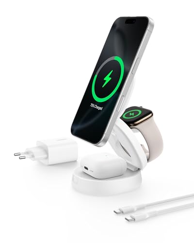Belkin Carregador sem fios compatível com MagSafe, estação de carregamento sem fios 3 em 1, de 15 W, certificação Qi2 e pé antiderrapante, iPhone 16, Apple Watch e AirPods, adaptador de 36 W, branco