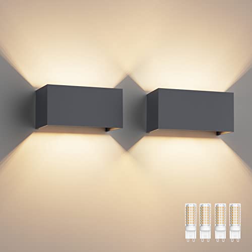 Klighten 2 peças aplique de parede exterior com lâmpadas substituíveis G9 LED, branco quente 3000 K candeeiro de parede interior / exterior IP54 ângulo ajustável candeeiro de parede (antracite)