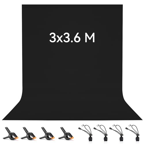 Vevelux Fundo de fotografia de 3 x 3,6 m, fundo fotográfico 100 % poliéster com 8 pinças grandes de estúdio, ecrã preto para fotografia, vídeo, estúdio, cinema, televisão