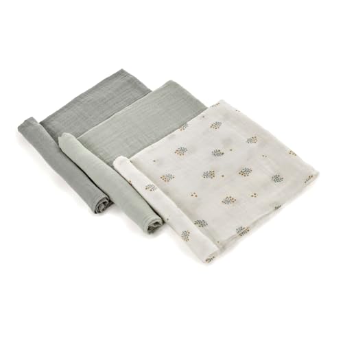 Jané Conjunto de 3 muselinas multifunções, lactação, tecido natural algodão e bambu, antiácaros, ecológico, 80 x 80 cm, verde