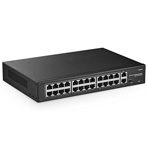 24 Portas PoE Switch, 10/100 Mbps PoE+ Ports, 2 Gigabit Ethernet Uplink, IEEE802.3af/at, MAX 300W, VLAN e PoE Extend 250 m, RackMount Fanless Unmanaged Ethernet Switch