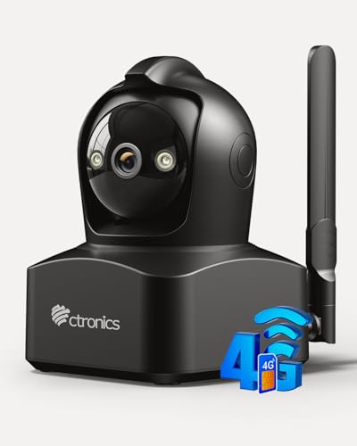Ctronics 4G Câmara de vigilância interior com cartão SIM, QHD 4MP 2,5 K 360° PTZ IP câmera, PC e aplicativo, 8 posições, detecção humana, rastreamento automático, visão noturna colorida, áudio