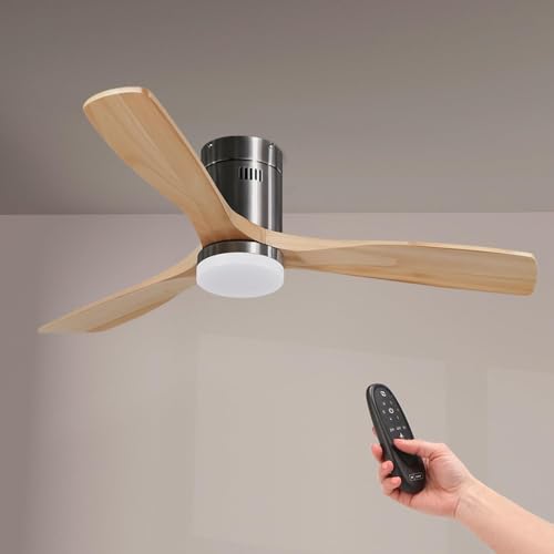 M Ledme - Ventoinha de teto LED Energy 58 W de níquel, controlo remoto, motor DC 40 W luz LED 18 W, 6 velocidades, silencioso, 3 pás madeira natural, 132 cm, função verão-inverno, temporizador