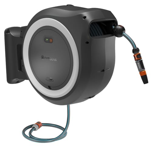 Gardena Conjunto porta-mangueiras de parede com bateria PowerRoll XXL individual: Suporte de mangueira automático, mangueira de 40 m, guia e RollControll, bateria, resistente a raios UV e geada