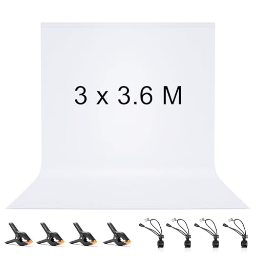 Vevelux Fundo de fotografia de 3 x 3,6 m, fundo fotográfico 100 % poliéster com 8 pinças grandes de estúdio, ecrã branco para fotografia, vídeo, estúdio, cinema, televisão