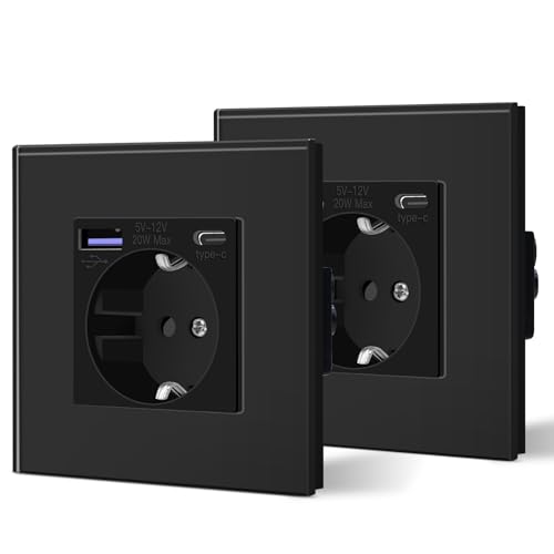 BSEED Tomada de parede com 20 W USB e tipo C, tomada USB C de vidro, carregamento rápido, 3 em 1, instalação fácil, 1 tomada - 2 pacotes, 86 mm preto