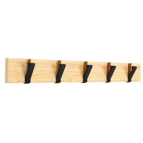 GOGOCOOL Cabide de bambu para pendurar na parede, 20 kg de peso máximo para pendurar, tipo de gancho dobrável preto, cabide de parede natural, 70 mm de espaço entre gancho e gancho (5 ganchos)