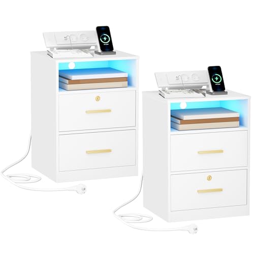 Hzuaneri Mesas de cabeceira conjunto de 2, com poste de carregamento, portas USB e tipo C, mesa auxiliar com luzes LED, 1 compartimento aberto e 2 gavetas, para quarto, sala, branco NS36703X