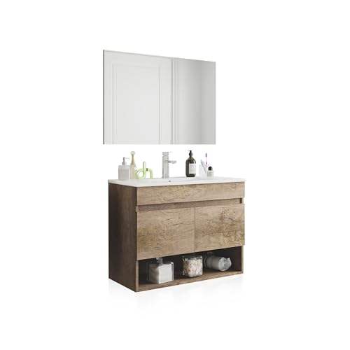 duehome | Armário de casa de banho suspenso com 2 portas e espelho, módulo pendente, modelo Thai, acabamento em Nordik, medidas: 80 cm (largura) x 64 cm (altura) x 45 cm (fundo)