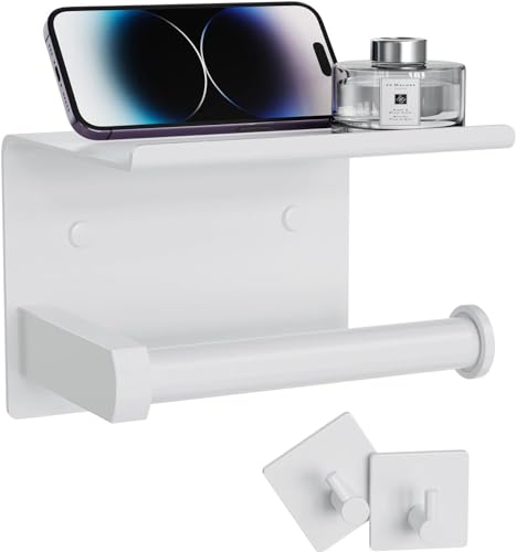 Tindbea Suporte de rolos de papel higiénico com prateleira para telemóvel ganchos para toalhas de banho, suporte de rolos de papel higiénico autocolante ou de rosca para montagem na parede (branco)