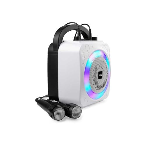 RockJam Máquina de karaoke Bluetooth recarregável de 8 watts com dois microfones, efeitos de mudança de voz e luzes LED, pretas