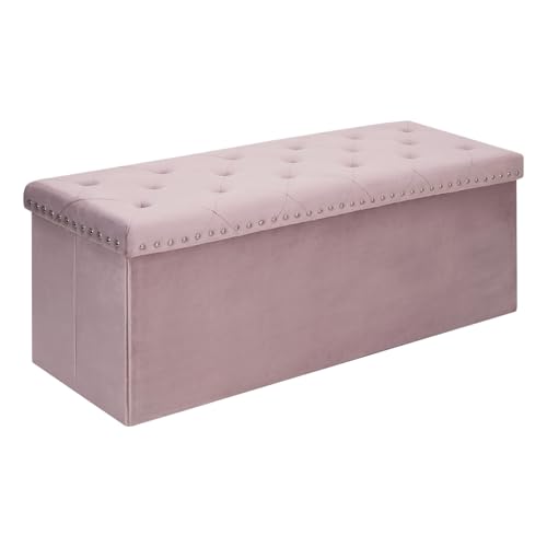 Bonlife Veludo tamboretes dobráveis armazenamento com rebites, baú Puff para brinquedos quarto, banco para entrada de corredor, castanho, 110 x 38 x 38 cm