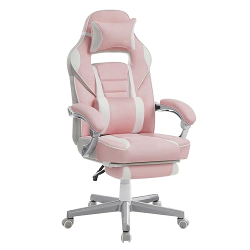 SONGMICS Cadeira de escritório, cadeira de jogos ergonómica, com apoio para os pés telescópico, encosto ajustável, encosto de cabeça e suporte lombar, carga de 150 kg, rosa e branco creme, OBG073P01