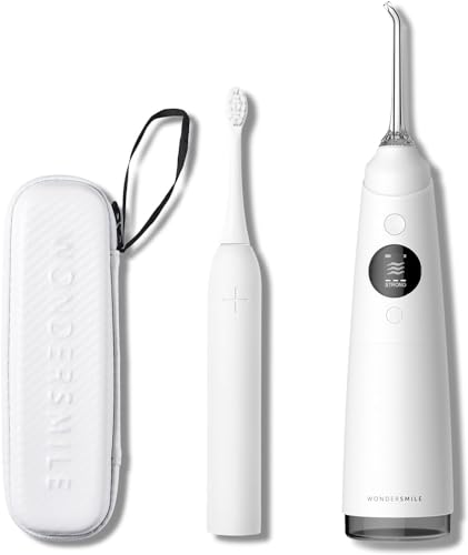 WonderSmile Irrigador bucal Pro Tecnologia SmoothFlow para um cuidado ideal dos dentes e gengivas, limpeza interdental com 4 modos (All White Oral Care Set de poupança de 1 unidade)