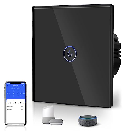 BSEED Interruptor de luz tátil inteligente WIFI, interruptor tátil de parede com painel de vidro compatível com Alexa/Tuya/Smart Life (requer cabo neutro) 1 gangue 1 via preto