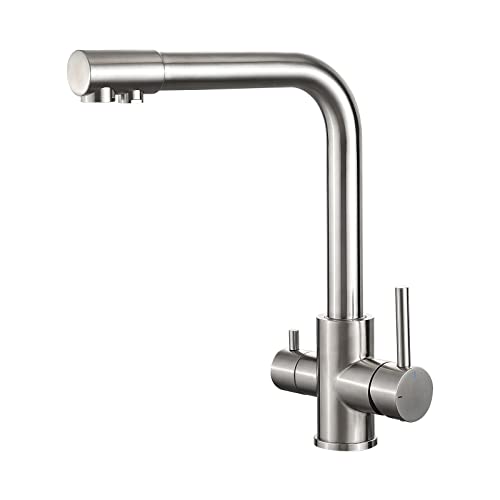 Ibergrif Torneira de cozinha de 3 vias de osmose, torneira mono-comando em aço inoxidável, níquel escovado, resistente à corrosão, instalação fácil, ar incluído, M22109A