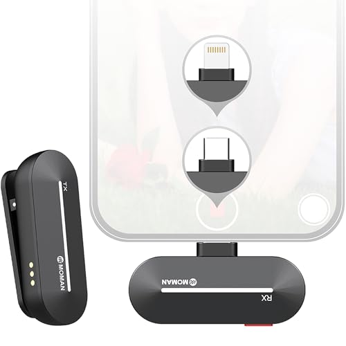 Moman Microfone Lavalier sem fios para iPhone 2,4 GHz Wireless microfone de lapela para telemóvel com interface Lightning para Youtube/Vlogging/Live Streaming, microfone sem fio-Wireless-iPhone