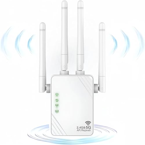 ANDHOT Repetidor WiFi, expansor WiFi de dupla frequência de 1200 mps 5 ghz e 2,4 ghz, modo repetidor/roteador/ap, amplificador de sinal Wi-Fi com 4 antenas potentes, adequado para uso doméstico