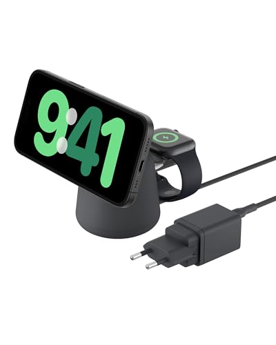 Belkin BoostCharge Pro Carregador MagSafe 2 em 1 com MagSafe de 15 W, carregador sem fios, MagSafe Stand com carregamento rápido para iPhone 16, 15, 14, 13 e 12, AirPods e outros dispositivos com