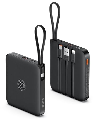 VRURC Power Bank 10000 mAh com 4 cabos integrados, bateria de carregamento rápido USB C de 22,5 W, ecrã LED de Power Bank móvel para iPhone 15 14 Samsung Galaxy S23 Google Pixel Android Tablet - preto