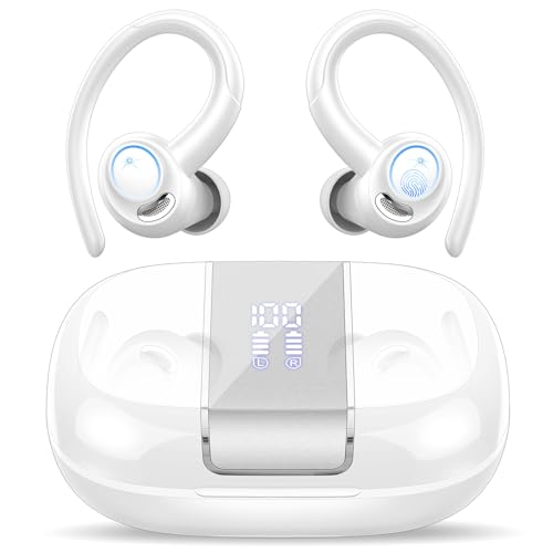 Auriculares sem fios desportivos, 48H, auriculares Bluetooth 5.3 HiFi estéreo, com redução de ruído CVC8.0, capacetes sem fios Bluetooth com gancho, IPX7 impermeável Running auriculares, branco