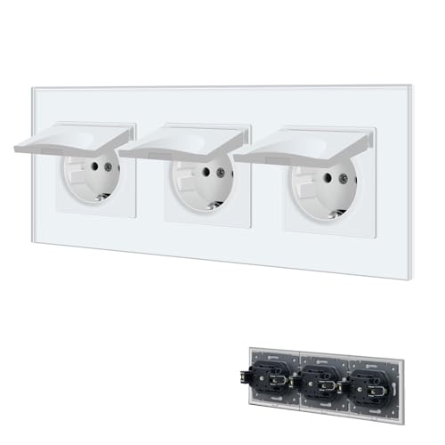 BSEED Tomada de parede com cobertura impermeável, 3 gangue Schuko tomada com braçadeira, tomada embutida com placa de vidro, tomada recarregável de 16 A, branco tomadas de extensão adequadas para casa