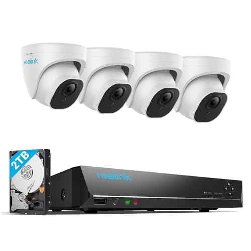 Reolink 5MP Kit câmaras de vigilância PoE, com 4 x 5 MP detecção de pessoas/veículos câmaras IP PoE exterior e 8CH 4K NVR com 2TB HDD, gravação contínua, visão noturna, RLK8-520D4-5MP