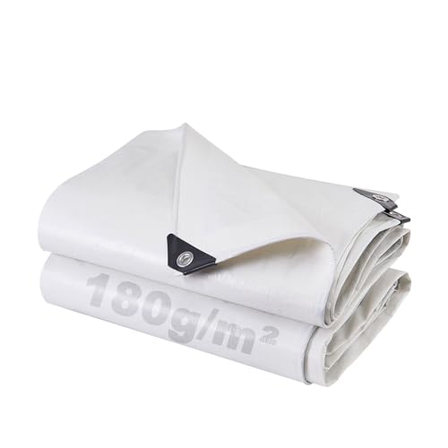 Lona impermeável exterior 3 x 5 m, 180 g/m² lona de proteção em poliéster reforçado com furos, durável, resistente a raios UV, rasgos, multiusos para terraços, móveis e jardim, piscina carro branco